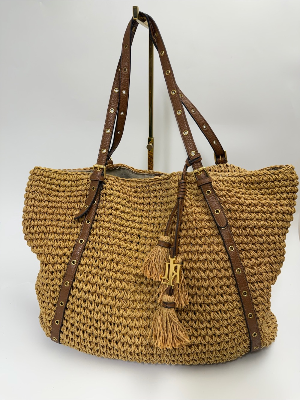 Ralph Lauren Tan Raffia Tote with Brown Leather Straps
